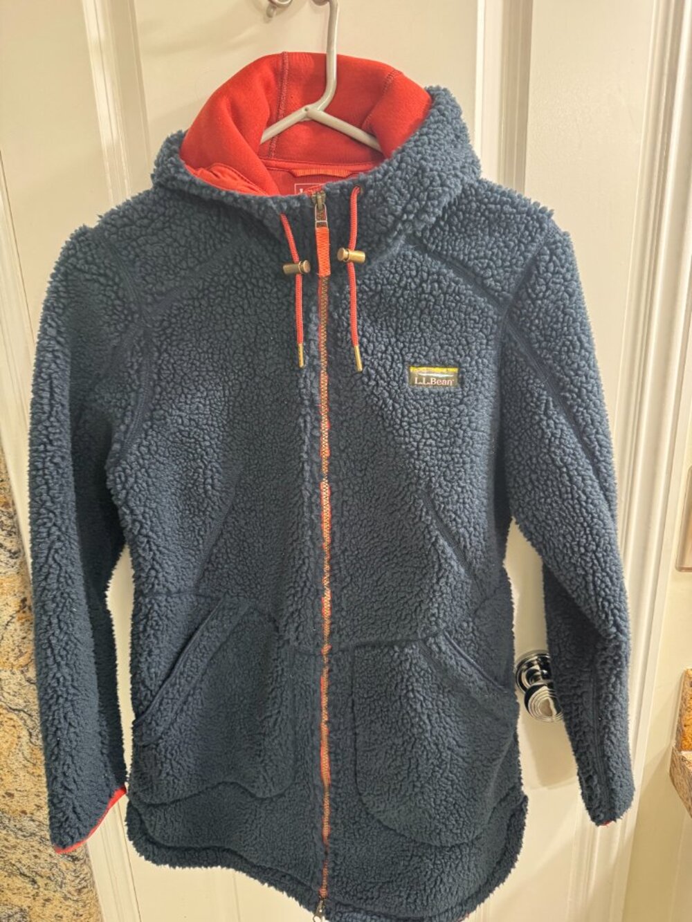 LLBean Navy Blue Mid-length Fleece Jacket with hood, S Reg
